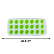 Measurement graphic showing the dimensions of the plastic 21-grid ice cube tray.