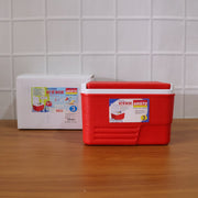 Travel friendly red insulated ice box for outdoor use
