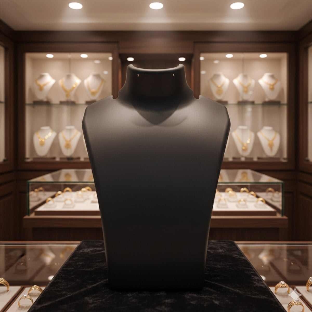 Front view of black mannequin bust necklace display stand highlighting necklaces in India