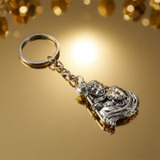 Intricate Bal Krishna idol in silver finish on metal keychain for spiritual use
