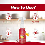 Spray bottle with prepared kitchen surface cleaner solution