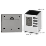Top-down view of digital desk clock’s spacious pen holder neatly storing stationery