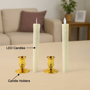Battery powered LED flameless taper candles highlighting warm white flickering flame