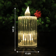 Close-up of flickering LED flame on premium crystal-effect flameless candle