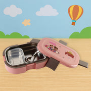 Close-up of the leak-proof side-lock lid and removable stainless steel inner tray.
