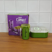 Person using the leakproof lunch box set, showing a healthy meal and the tumbler.