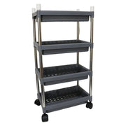 Mobile organizer rack showcasing durable plastic trays and easy assembly.