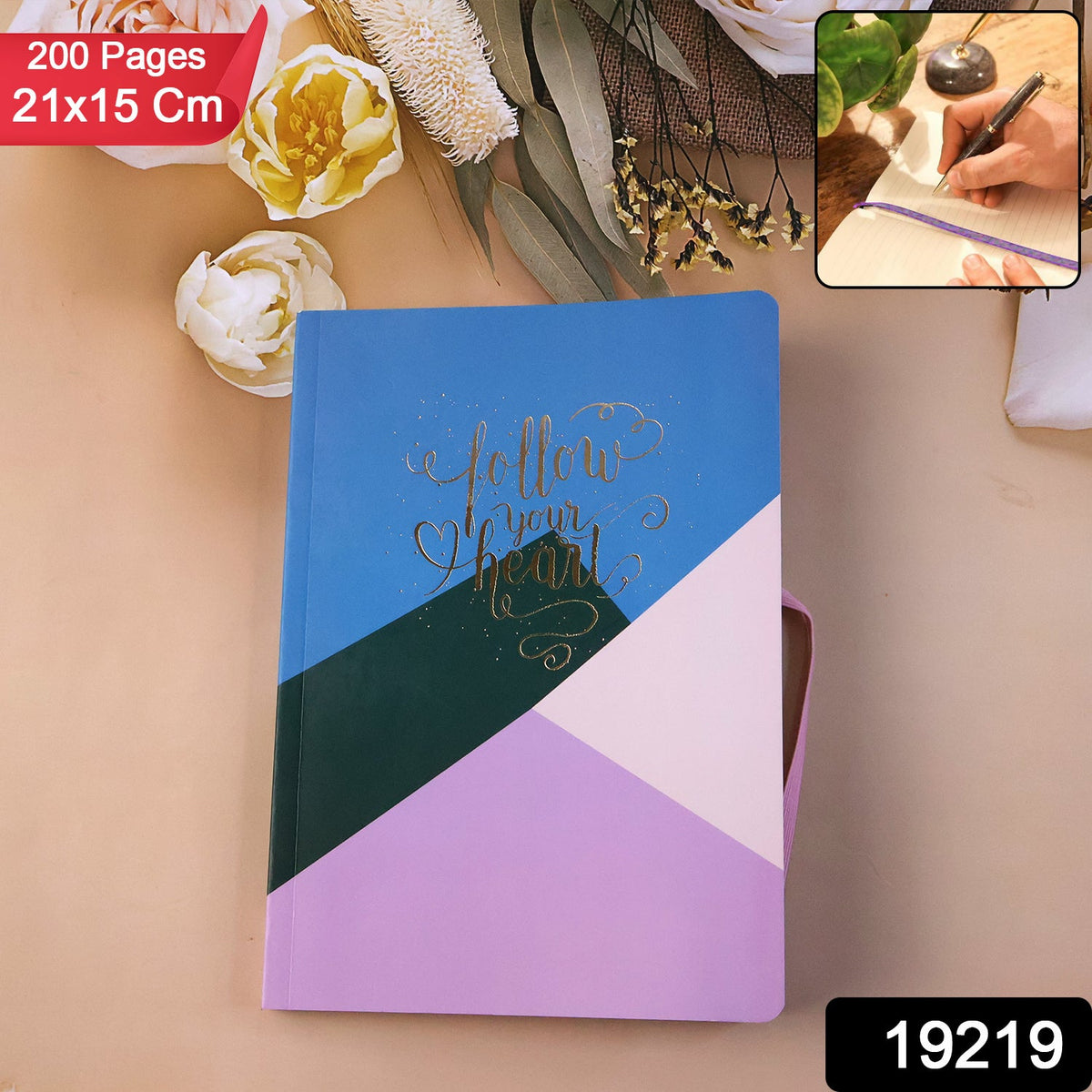Side view of hardcover ruled notebook showing notebook thickness
