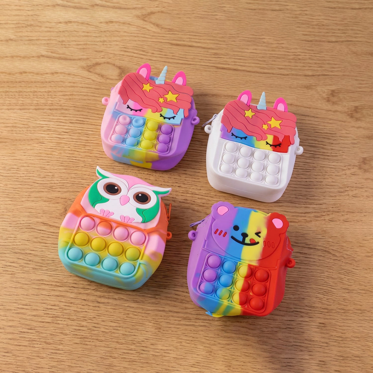 Close up of silicone material and pop it buttons on kids shoulder bag
