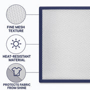 Ironing mesh press cloth protecting dark shirt fabric from iron shine