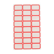 Single sheet showing multiple red and white self-adhesive rectangular label stickers