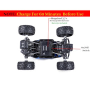 Spark Tots Rock Crawler RC Truck climbing over rough rocks with ease.