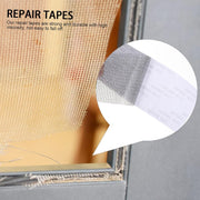 Screen repair tape sealing holes and tears to keep mosquitoes out