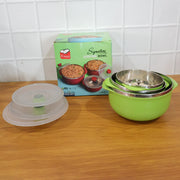 Serving bowl set designed for food prep, storage, and serving