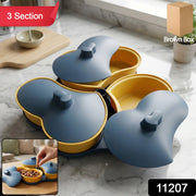 Plastic snack tray with three sections and individual lids for dry fruits and candies