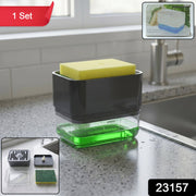 Kitchen sink soap dispenser with sponge storage