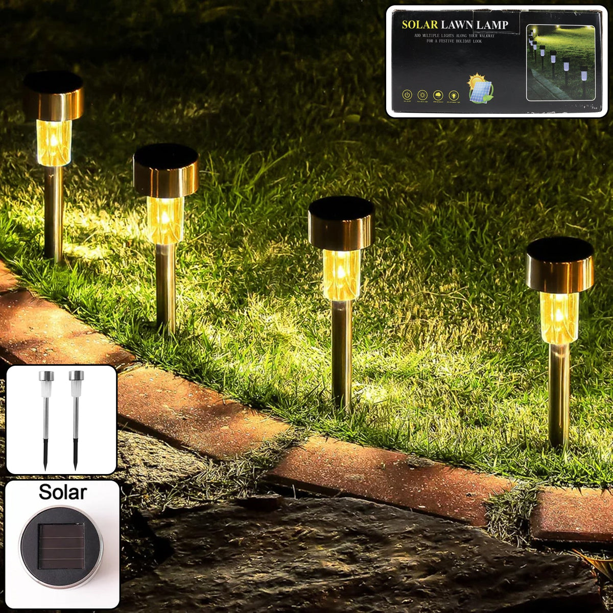 Ground stakes of solar lawn lamps set of 12 lighting up lawn area at dusk