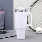 Side view of insulated stainless steel travel tumbler with straw lid