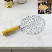 Papad Jali Roaster made of stainless steel with a wooden handle on a clean background.