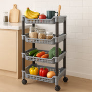 Angled view of Apex 4-layer plastic storage rack showing basket ventilation