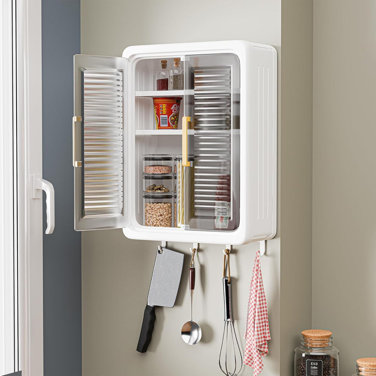 Empty sliding door wall-mounted kitchen cabinet attached to wall