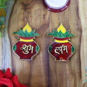 Set of Shubh and Labh Kalash shaped wall hangings for auspicious home decor