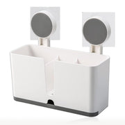 Storage bin set for toothbrush organization in bathroom with adhesive mount