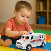 Side view of friction powered ambulance toy for kids aged 3 plus