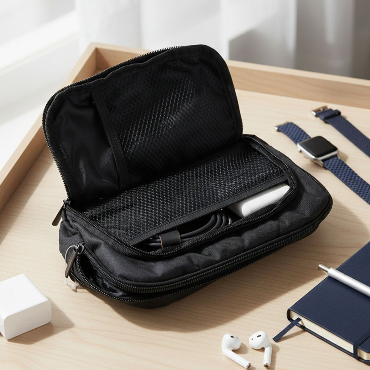 Durable compact electronics organizer pouch angled view