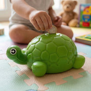 Tortoise piggy bank with coins inside