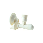 White plastic soap dispenser mounted on bathroom wall with suction cup