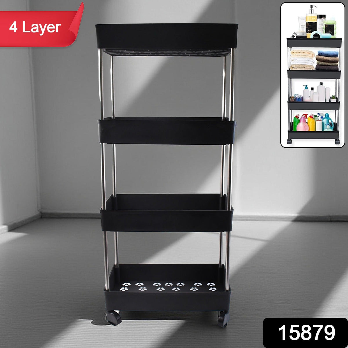 Space-efficient movable storage trolley with caster wheels for easy mobility
