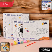 Close-up of cosmic space themed painting kit paints and brushes for kids creative art