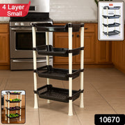Multi-purpose plastic storage rack holding household items like groceries and toiletries