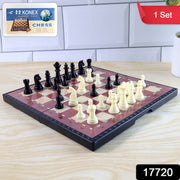 Foldable magnetic chess board game set laid out for play