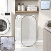 Mesh laundry basket with handles, foldable design for easy storage