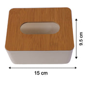 Bamboo tissue box holder with its precise dimensions clearly labeled.
