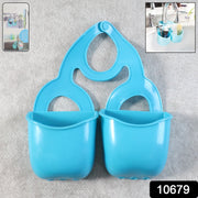 Twin sink organizer baskets holding sponges and brushes for kitchen or bath