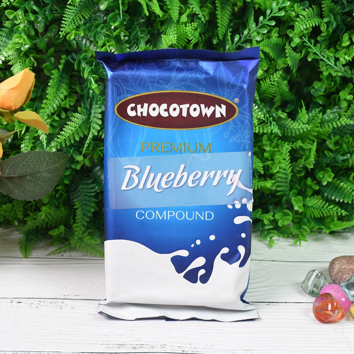 Vibrant blueberry compound chocolate slab, perfect for desserts