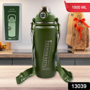 Close-up view of the 1.5L stainless steel insulated water bottle with its integrated straw.