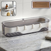 Modern transparent bathroom wall shelf with white accents and three hooks for accessories