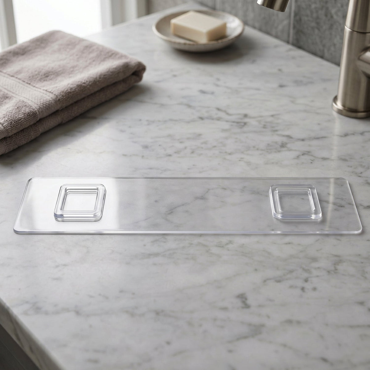 Close-up of transparent bathroom shelf with white hooks