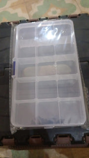 Open clear jewellery organizer box with adjustable dividers, demonstrating its spacious and flexible design.