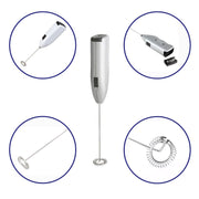 Portable electric milk mixer shown in action, frothing milk.