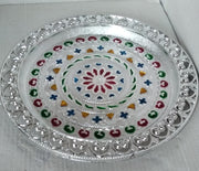 Elegant silver plated pooja thali, perfect for Indian traditional worship and ceremonies.