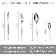Size comparison chart for 24 Pc stainless steel polished cutlery set
