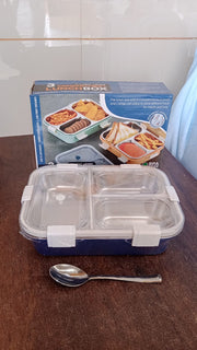 Side view of the compact 3-compartment lunch box, ideal for storage.