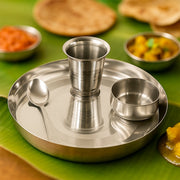 Stainless steel thali set components with key dimensions indicated.