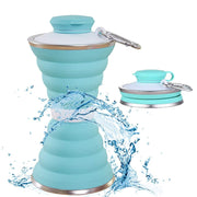 A blue silicone collapsible water bottle shown both upright and compactly folded.