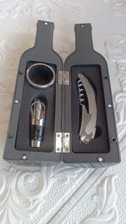 Wine bottle-shaped case with complete wine accessory set